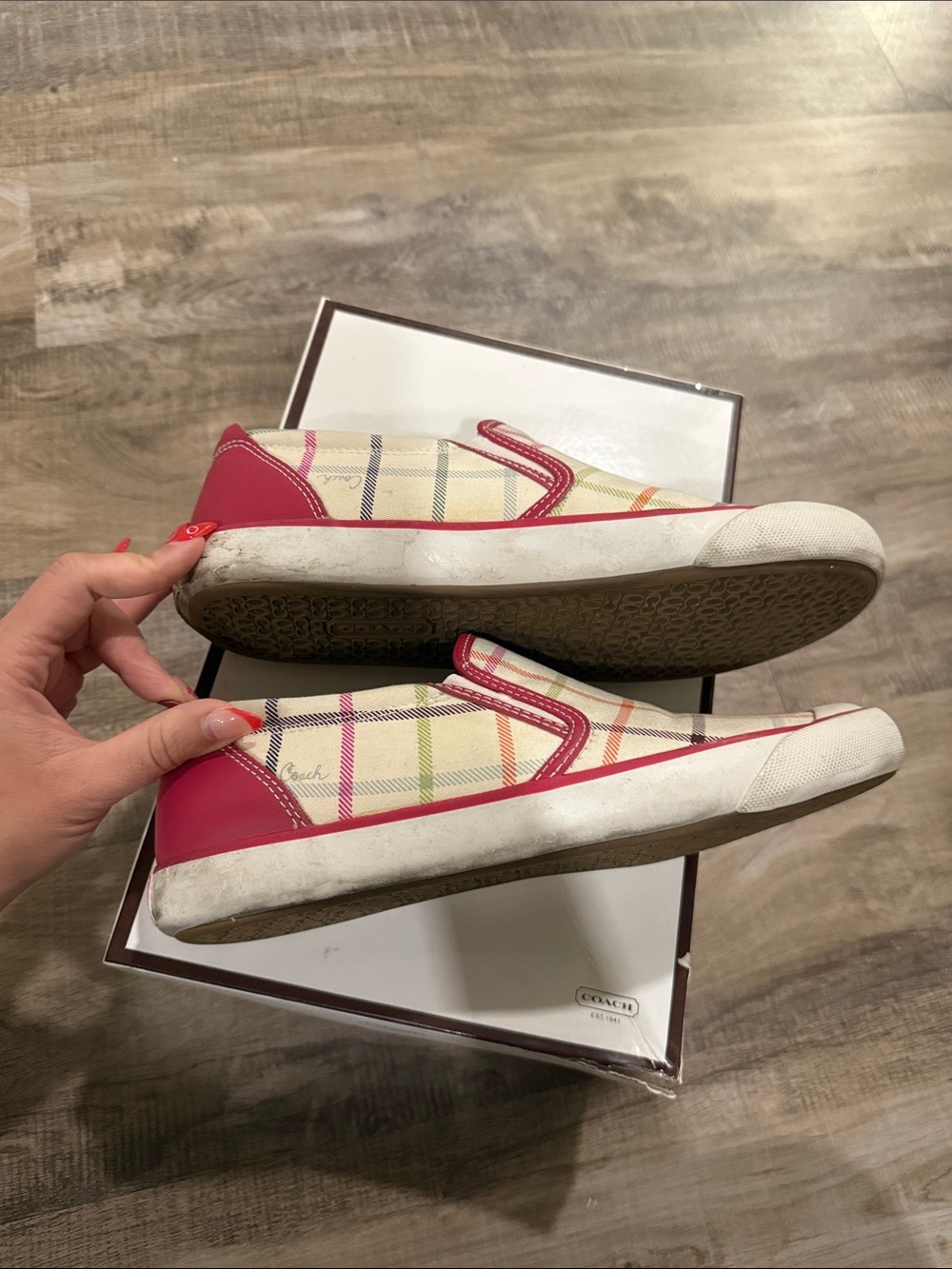Coach Multicolor Plaid Slip-On Sneakers in Cream and Pink Trim with box size 8 - Picture 6 of 13